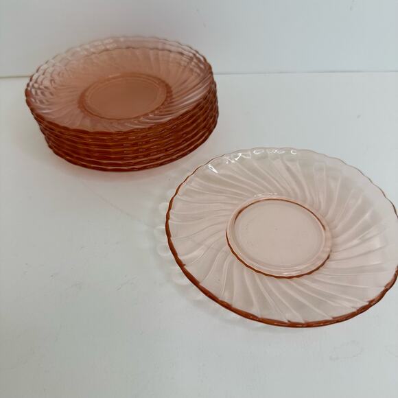 Vintage Arcoroc Pink Swirl Saucers ACO17 France Depression Rosaline Set of 8 - Picture 1 of 8